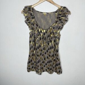 Anthropologie Leifsdottir Gold Metallic Silk Blend‎ Ruffle Sleeve Top Women's 8